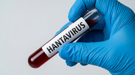Obraz premium Scientist holding a blood sample test tube labeled with hantavirus in a laboratory setting