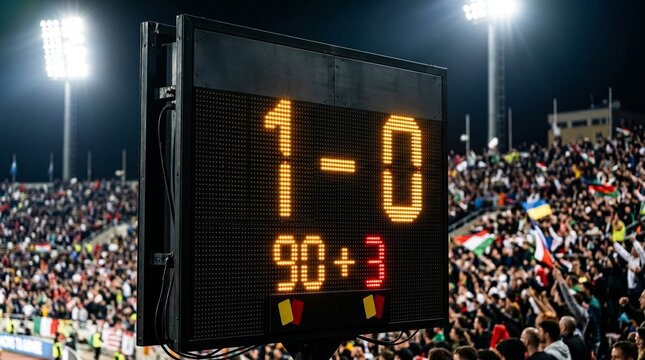 Soccer stadium scoreboard shows 1-0 score and 90+3 minutes with cheering crowd in background