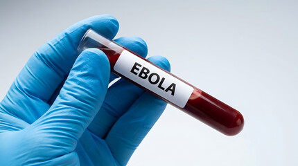 Obraz premium Medical professional wearing blue gloves holding a blood test tube sample labeled ebola
