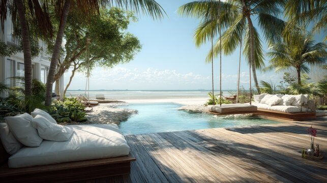 Luxurious tropical resort patio features comfortable outdoor seating overlooking a serene ocean expanse