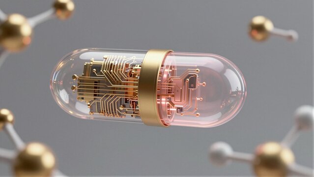 A transparent capsule with golden circuitry and glowing neural lines, surrounded by molecular structures in soft focus.