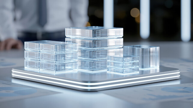 Abstract data center model transparent building blocks futuristic technology platform cloud computing concept digital infrastructure server stack