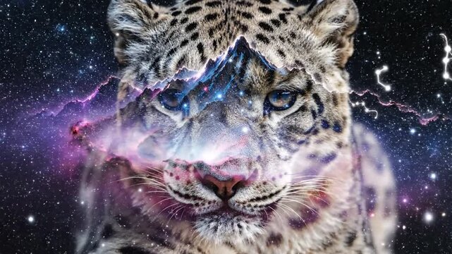 Snow leopard blends with celestial galaxy and mountain landscape concept