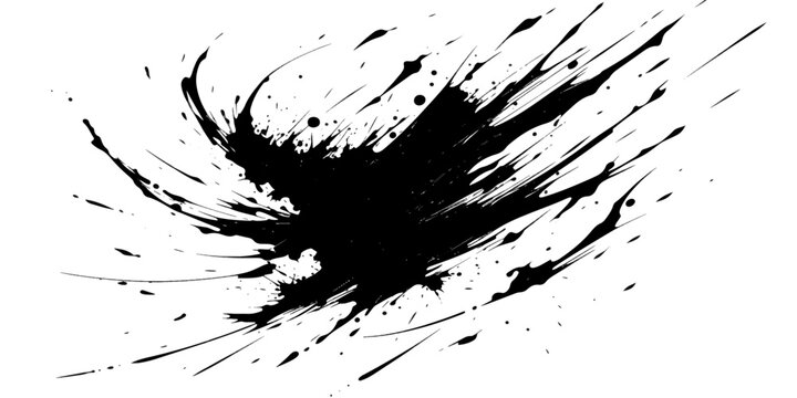 Abstract black ink splatter resembling a dynamic explosion or a violent cosmic event, set against a clean white background. The ink is distributed in irregular, energetic strokes and dots.