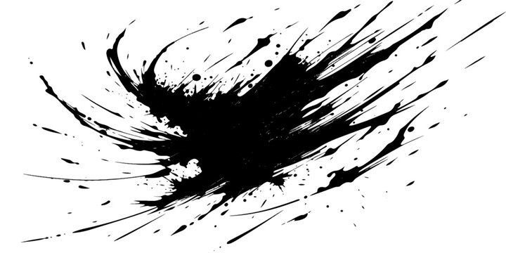 A dynamic black ink splash exploding outwards, creating a sense of chaotic energy and abstract motion with fine droplets and streaks against a clean backdrop.