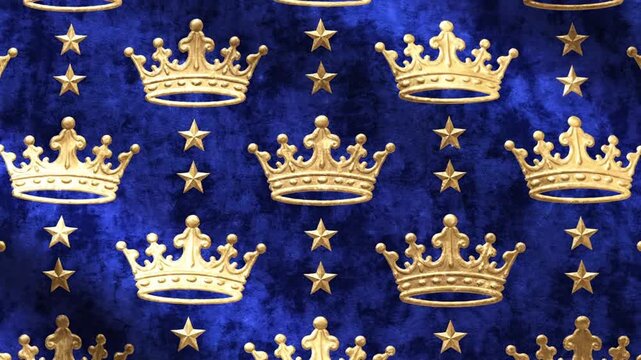 Golden crowns and stars pattern on blue background symbolic imagery