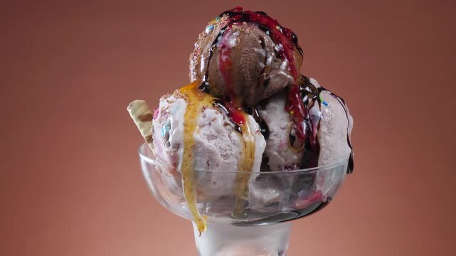 Ice cream in a glass goblet slowly rotates around its axis and is drizzled with fruit fudge.