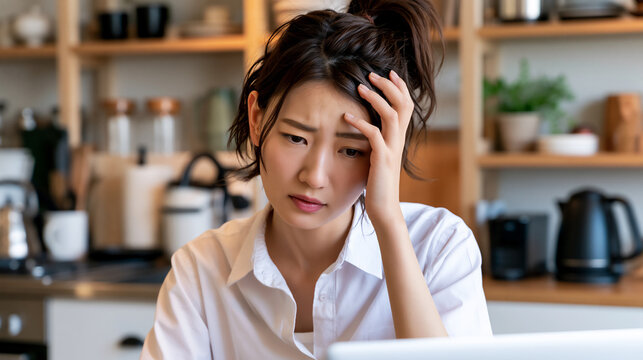 Worried young woman holding her forehead with a stressed expression in the kitchen