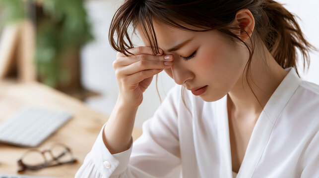 Tired Asian businesswoman rubbing the bridge of her nose due to severe eyestrain at desk