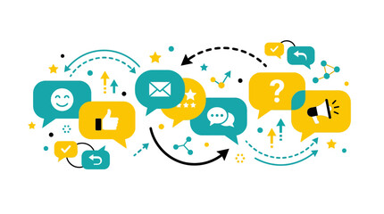 Fototapeta premium Colorful communication icons with speech bubbles and social media symbols