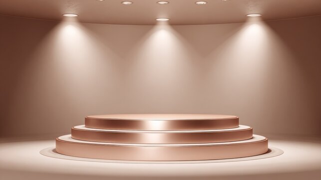 Three tiered circular pedestal stands prominently beneath focused ceiling spotlights in a subtle colored room