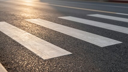 Obraz premium Detailed view of white crosswalk stripes on asphalt with soft focus and warm sunlight.