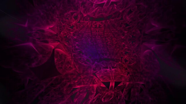 Bright magenta polygon forms and glowing geometric textures create a futuristic tunnel effect with digital depth, energy, and immersive visual motion.