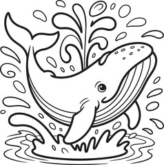 Obraz premium Whale spouting water and jumping out of ocean waves, playful marine animal illustration and life