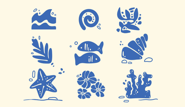 Set of abstract boho icons with blue sea elements. Vector illustration of summer beach stickers with wave, star fish, shell, coral, palm leaves silhouettes, pattern for tropical resort or surf club