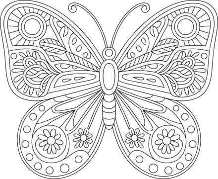 Intricate mandala butterfly illustration with floral and sun motifs and hand drawn, adult coloring page, and zentangle pattern and black and white