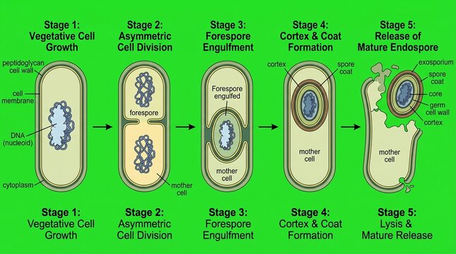 Microscopic Cross Section of Bacterial Endospore Formation in Bacillus with Labels and Stages