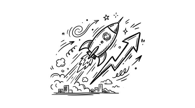 Hand-drawn rocket launching into sky with growth arrows and clouds