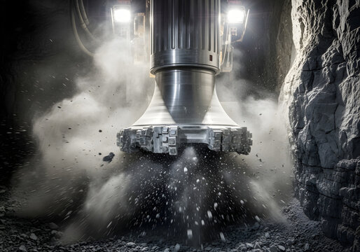 Intense slow shutter speed view of a tunnel boring machine head crushing rock, illuminated by spotlights, isolated on transparent background.
