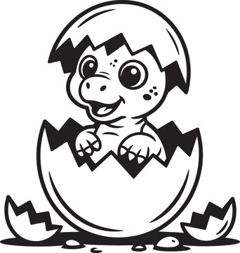 Cute baby dinosaur hatching from a cracked egg and animal, drawing style, and greeting card in outline style