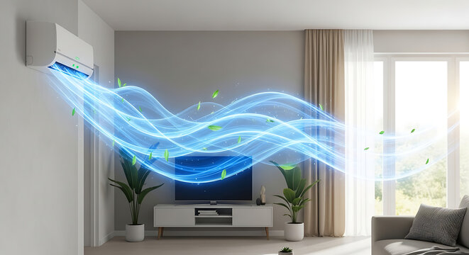 Abstract visualization of blue flowing waves representing cool fresh clean air circulating inside a modern apartment interior with air conditioning filtration and purification effect.