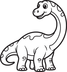 Fototapeta premium Cute cartoon dinosaur illustration smiling happily, long neck and kid friendly, clip art, and big eyes and creepy crawly in outline style