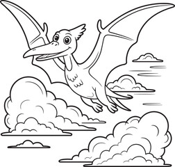 Cute cartoon pterodactyl flying happily among fluffy clouds in outline style © Nur