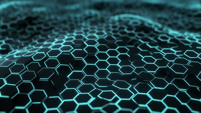 "Glowing hexagonal grid forming wave pattern, symbolizing digital connectivity, futuristic networks, and advanced technological infrastructure."