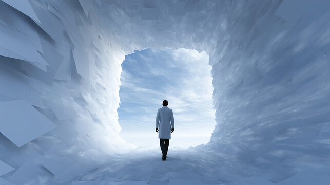 Ice tunnel scientist figure breakthrough research discovery lab coat silhouette