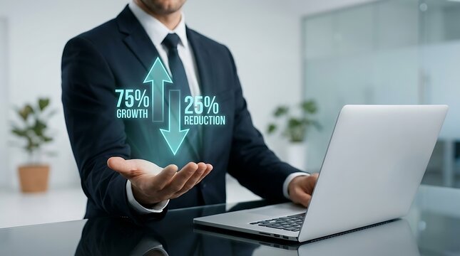 Smart businessman evaluating stock market shifts and inflation rates with futuristic glowing graphic interface