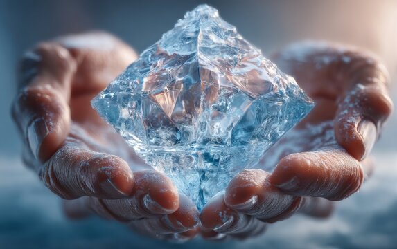 Close-up of Hands Holding a Large Clear Ice Cube with Light Reflection