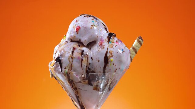 Ice cream in a glass slowly rotates around its axis and slowly melts.