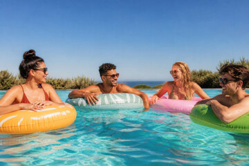 Obraz premium Friends enjoying a sunny day in a swimming pool