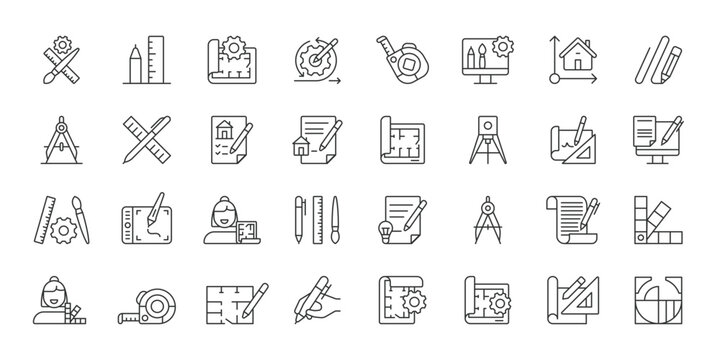 Drafting icons in line design. drafting, blueprint, architecture, design, drawing, plan, engineering on white background vector. Drafting editable stroke icon