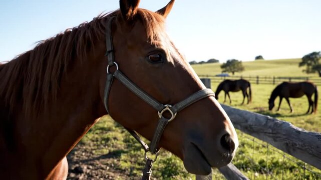 Beautiful chestnut horse wearing a bridle with other horses grazing in a green pasture on a sunny day