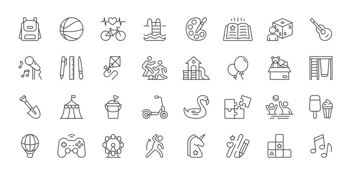 Kids Activities icons in line design. kids, activities, children, play, learning, fun, creativity on white background vector. Kids Activities editable stroke icon