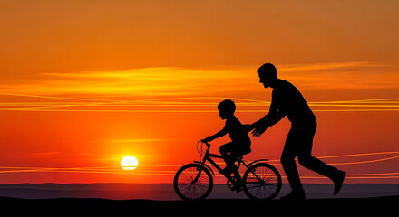 Obraz premium World Father's Day Banner with Father Teaching Son to Ride Bicycle at Sunset, Family Bonding Greeting Card Background with Copy Space
