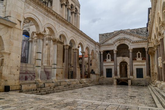 Empty Peristyle square of Diocletian's Palace on an overcast morning, Split, Croatia