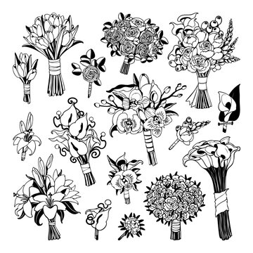 Decorative Floral Bouquets Black and White Vector Collection