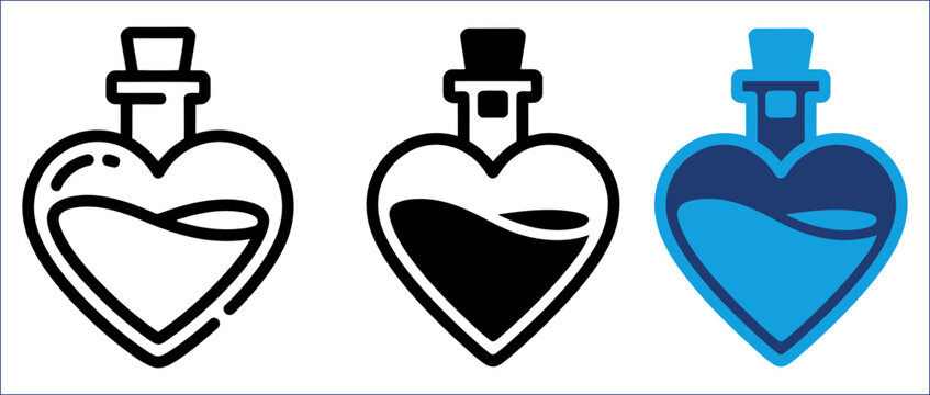 Heart Bottle Love Potion Sign in Modern Cute Flat Style Design. Symbolizing romance, attraction, magical feelings, passion and whimsical fantasy charm aesthetics