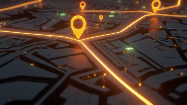 "Glowing orange digital map with location markers and illuminated paths, symbolizing GPS navigation, tracking, and modern spatial connectivity."