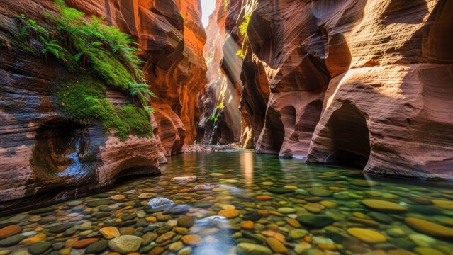 Narrow canyon with flowing water and mossy stone walls.