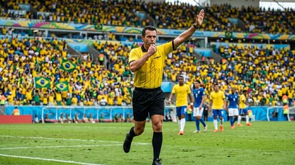 Naklejka premium Soccer referee blowing whistle and signaling with hand during a match with cheering crowd