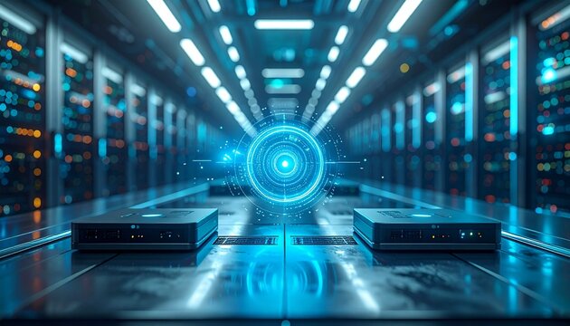 Digital transformation banner with unbranded server modules and flowing cloud data synchronization