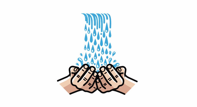 Cartoon hands catch cascading blue water droplets
