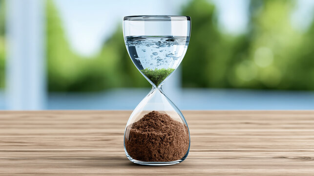 Water scarcity hourglass with fresh water over dry soil, symbolizing climate change, drought, and water crisis