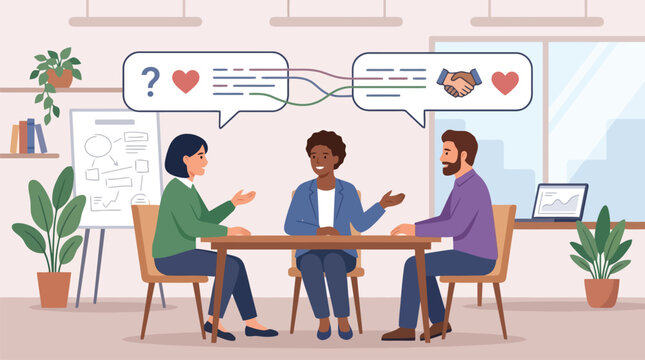 Effective business communication and conflict resolution, diverse colleagues discussing work in office, professional mediation and empathy concept vector