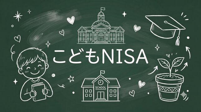 緑の黒板に白チョークで描かれたこどもNISAと学校や男の子の手書き風イラスト