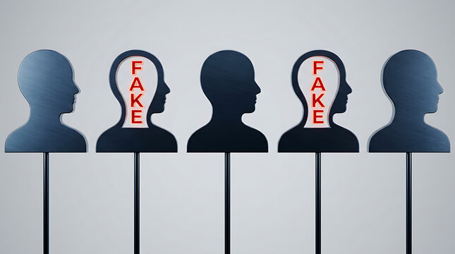 Row of human head silhouettes with red neon text reading fake inside two heads representing misinformation and deception