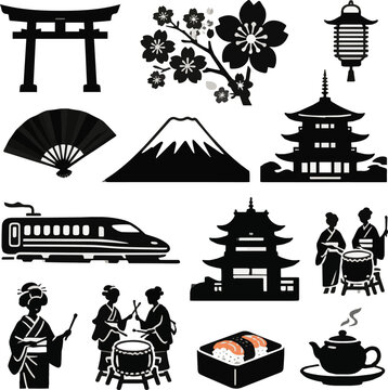 Isolated on Silhoutte Japan Culture Travel Glyph Icons Set Traditional Symbols, People, Landmarks, and Objects vector art on a white background